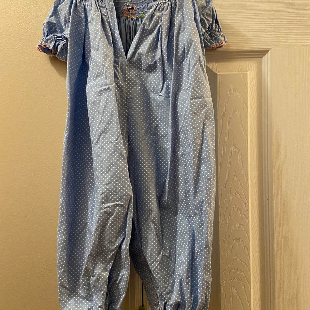 Smocked owl jump suit
